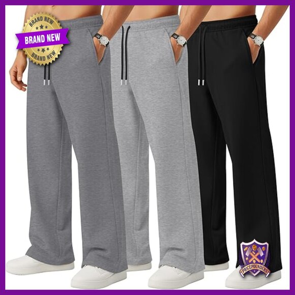 Men's 3 Pack Sweatpants Lightweight Athletic Drawstring Open Bottom Lounge Pants
